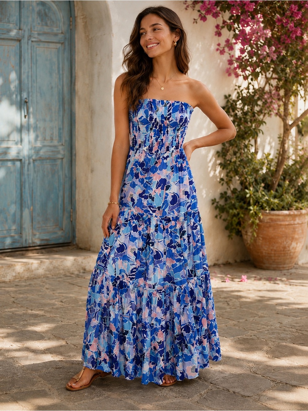 Abel The Label Blue Pink Floral Tube Dress- Size M